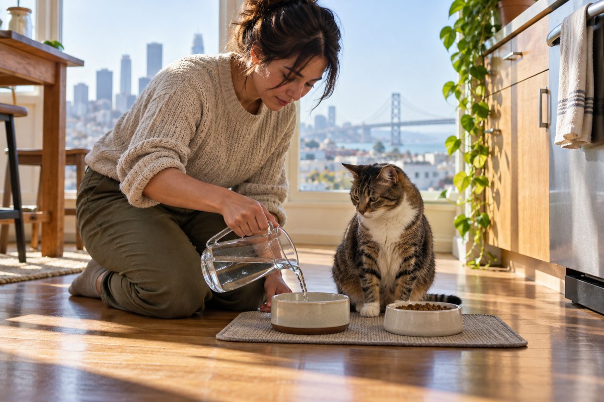 A caregiver refilling water and food bowls for a calm domestic cat during a scheduled home visit.