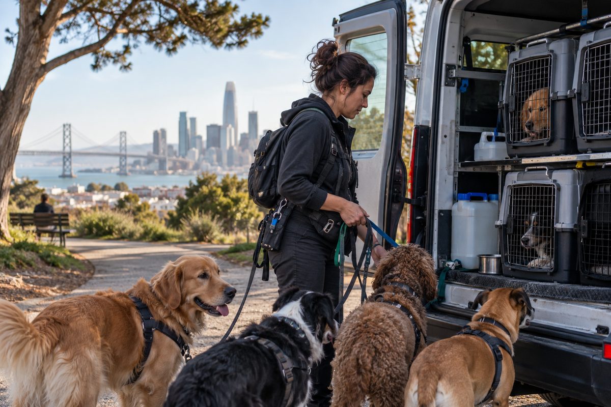 Dog walker at a park trailhead beside a vehicle fitted with secure crates and water equipment.