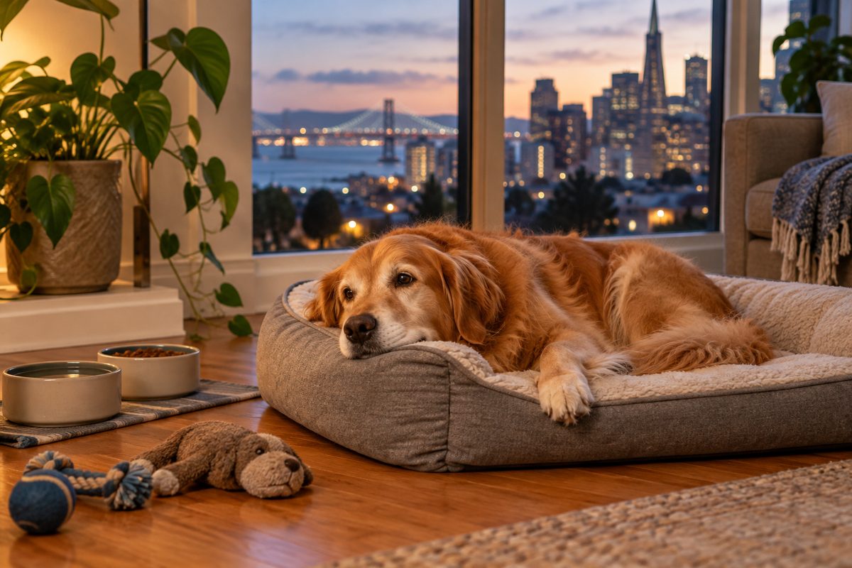 A peaceful dog resting comfortably on a padded bed during an overnight home boarding stay.