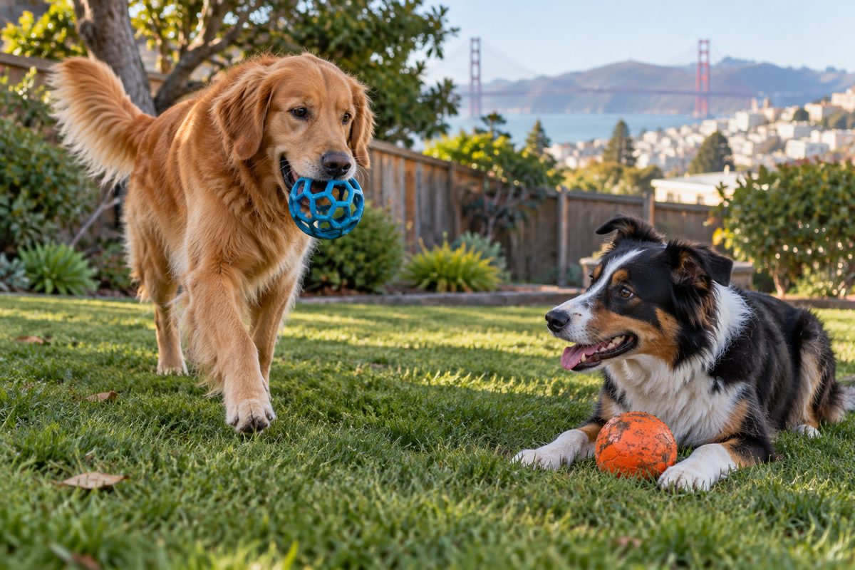 Two friendly dogs interacting gently on an enclosed green yard during daytime care.