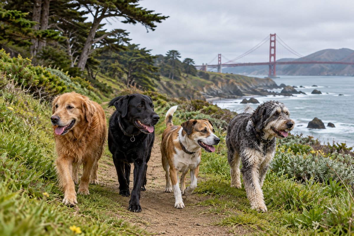 A small group of companion dogs walking together along a green park trail in San Francisco.