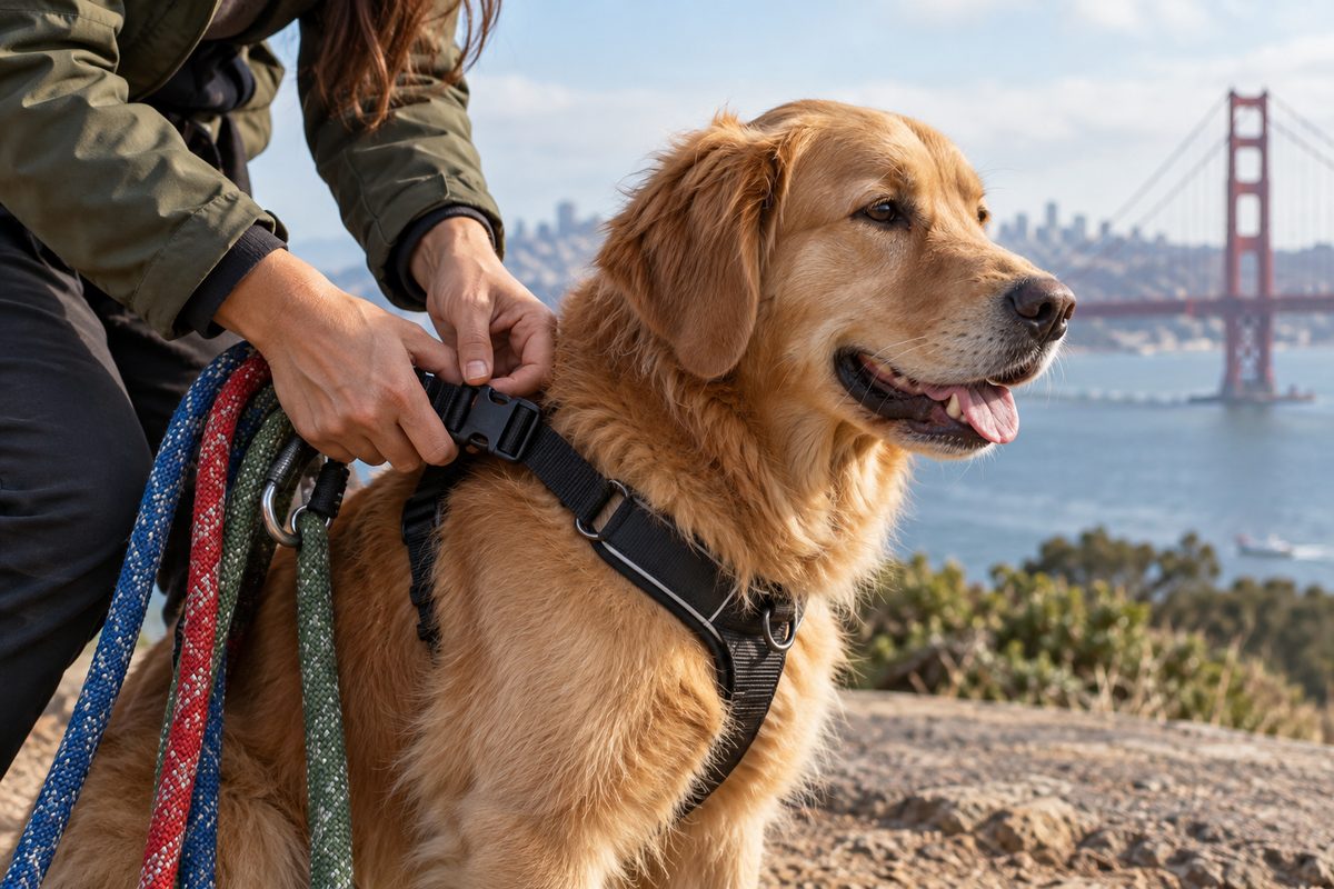 Hands of a professional handler securing harness hardware on a calm dog before a walk.