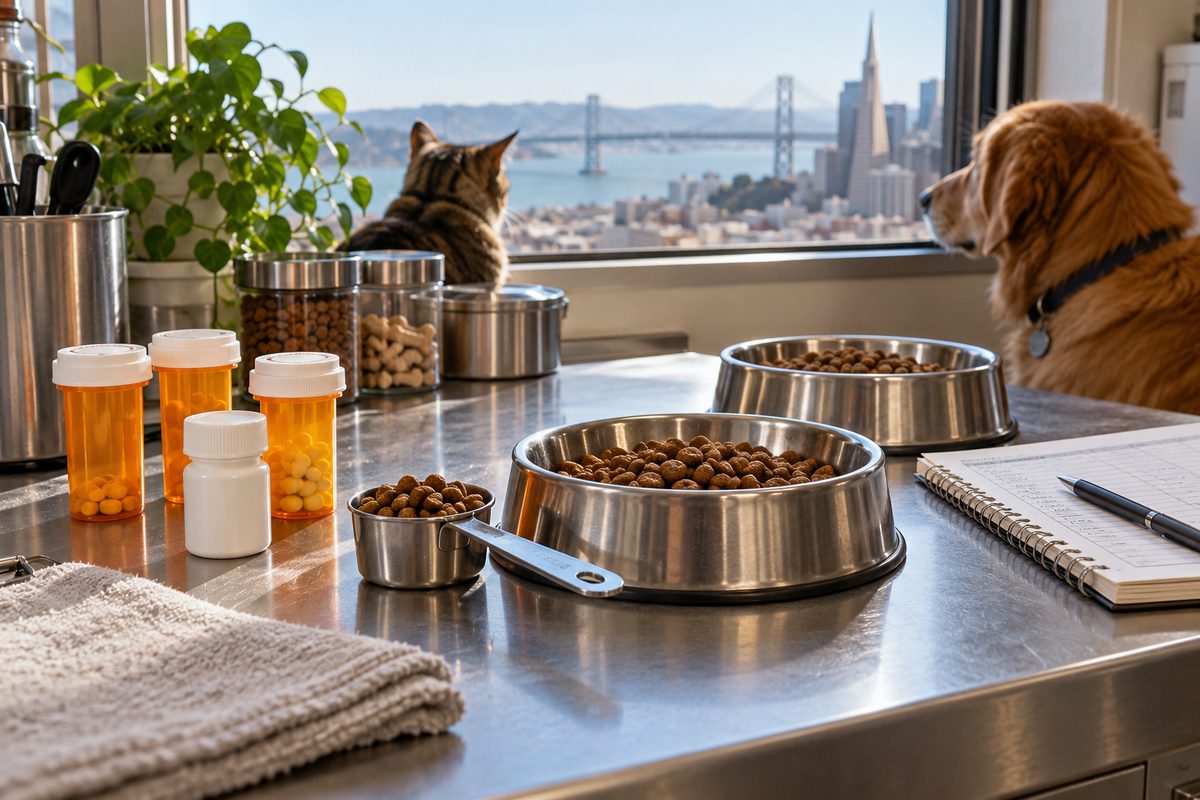 Organized pet medication canisters, daily care schedule log, and measured meal dishes.