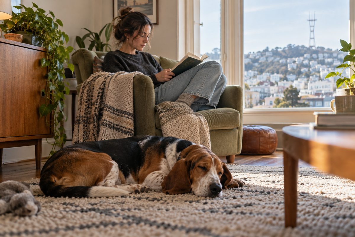 A companion dog sleeping peacefully on a rug during an in-home sitting shift in San Francisco.