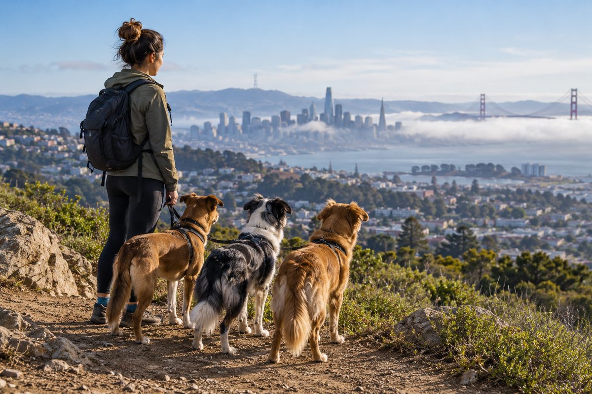 Three companion dogs pausing with their handler on an open San Francisco hilltop trail overlook.
